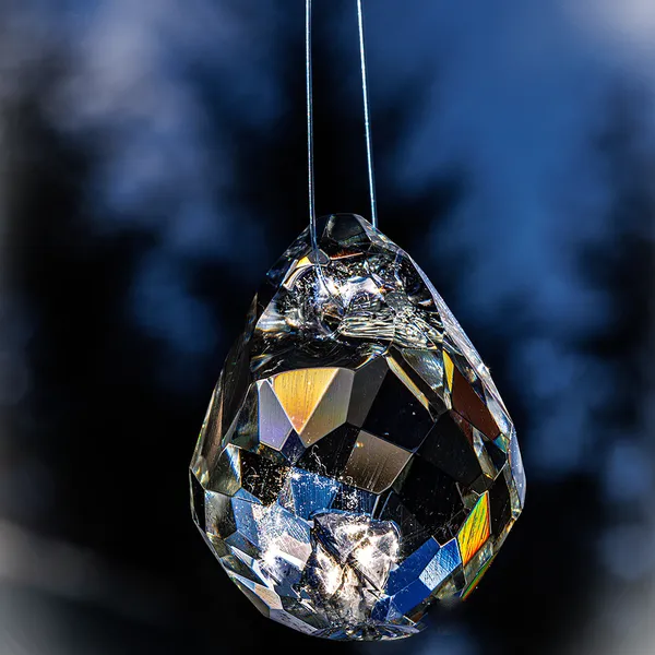 Faceted glass teardrop pendant reflecting landscape